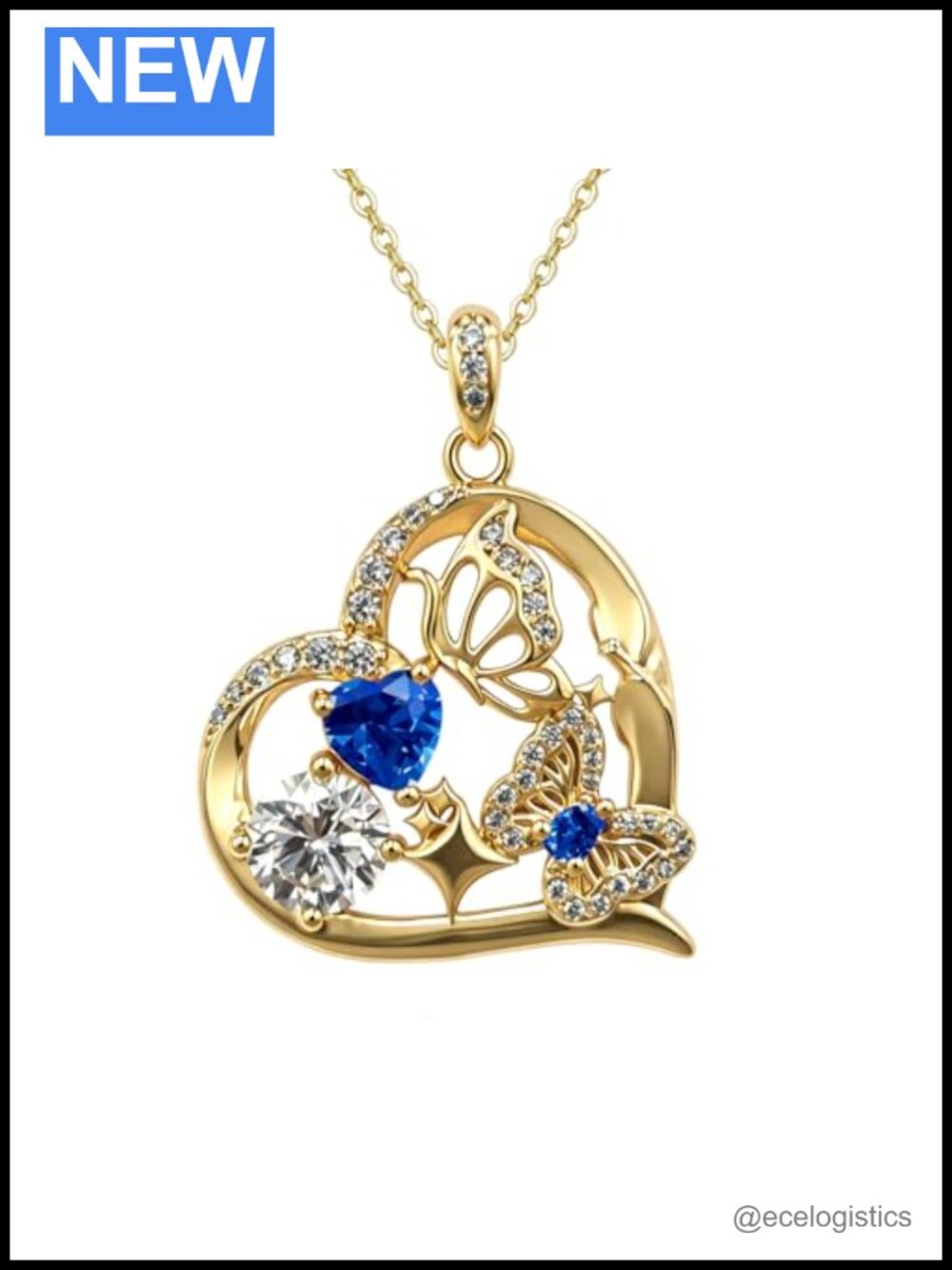 18K Gold Plated Butterfly Heart Pendant Necklace with Crystal Accents